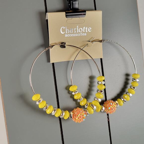 Large Yellow Beaded Hoop Earring 3" Silver Tone Rhinestone Accent Pierced Trendy - Picture 4 of 7